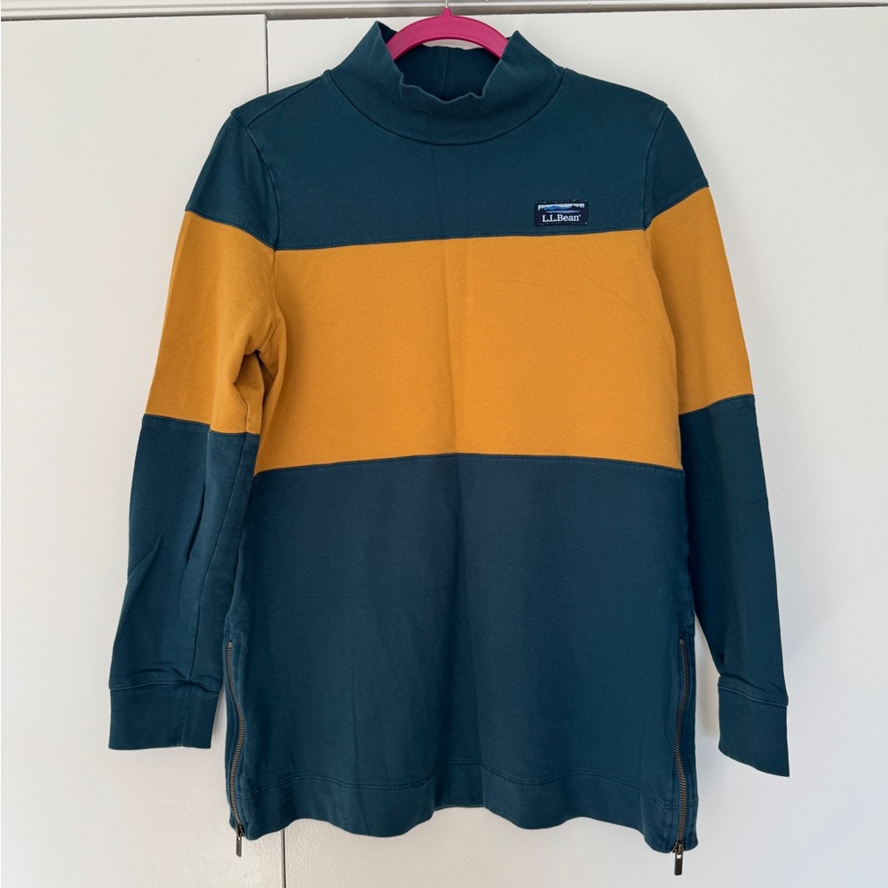 L.L. Bean M Color Block Mock Neck Tunic Sweatshirt Teal Mustard Side Zipper